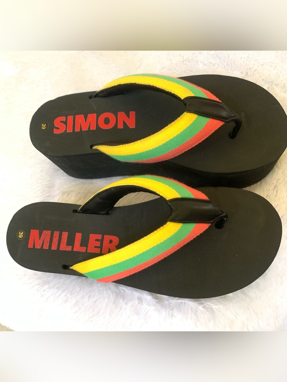Simon Miller Black Platform Flip Flops with Yellow, Green, Red Straps